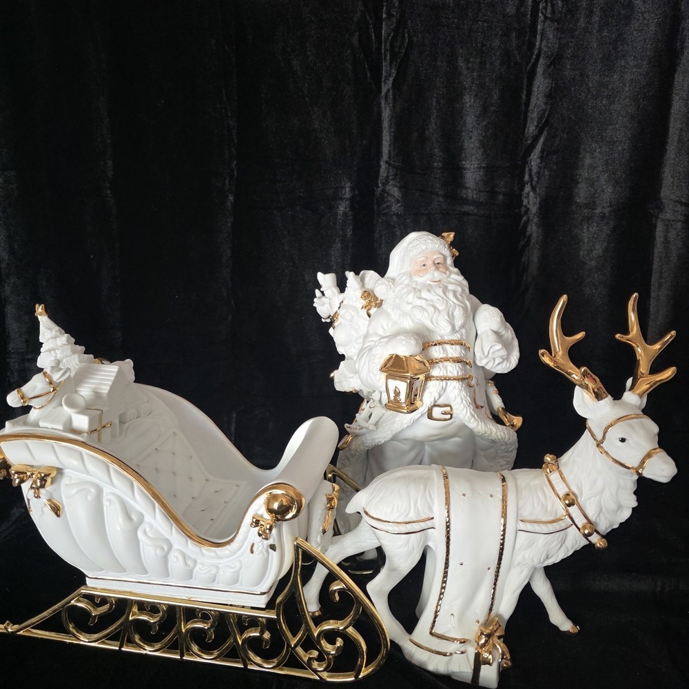 Traditions Porcelain Santa Sleigh Reindeer White Gold Christmas Large Showpiece